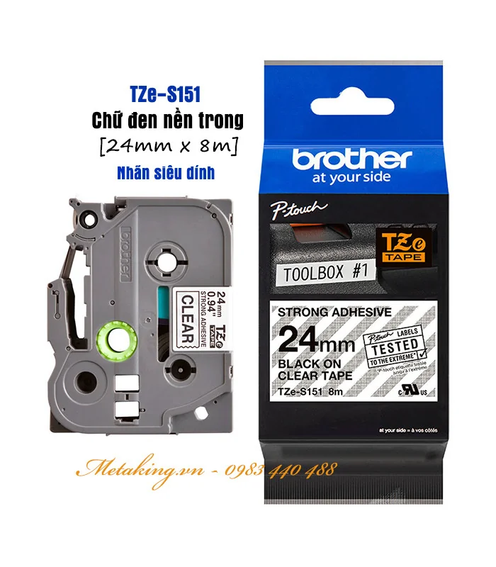 Brother TZe-S151, Khổ 24mm, Dài 8m, Black On Clear, Siêu Dính