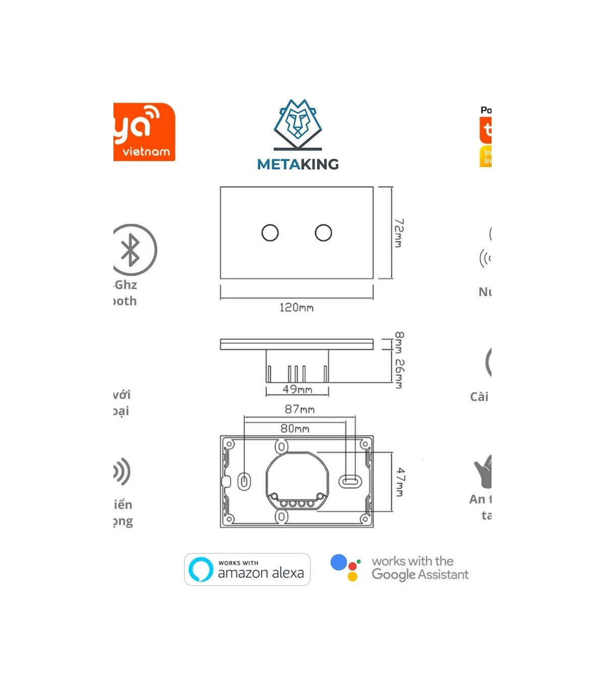 Công Tắc Cảm Ứng Wifi Tuya Smart life 2 Nút -2000W | ⓿❾❼❼❹❼❽❹❻❻ | METAKING