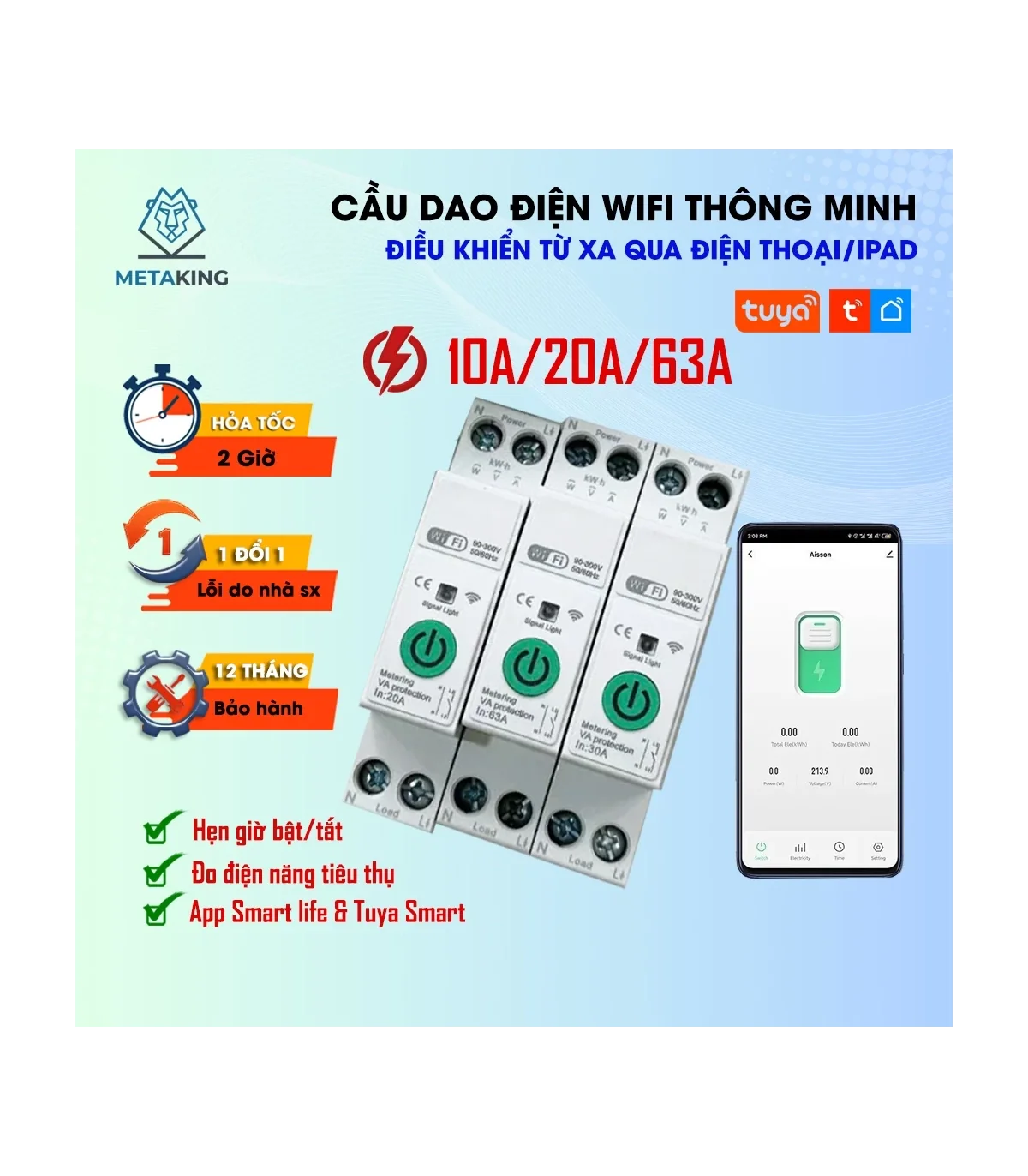 Cầu Dao Điện Thông Minh TUYA 63A 1P, đo điện năng tiêu thụ, điều khiển từ xa | ⓿❾❼❼❹❼❽❹❻❻ | METAKING