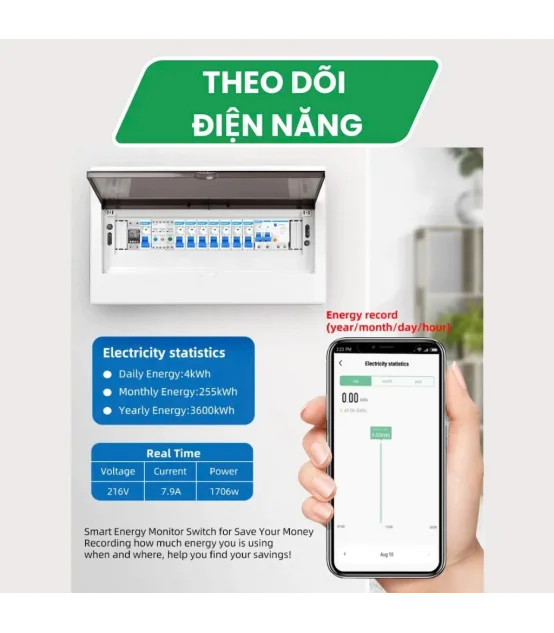 Cầu Dao Điện Thông Minh TUYA 63A 1P, đo điện năng tiêu thụ, điều khiển từ xa | ⓿❾❼❼❹❼❽❹❻❻ | METAKING