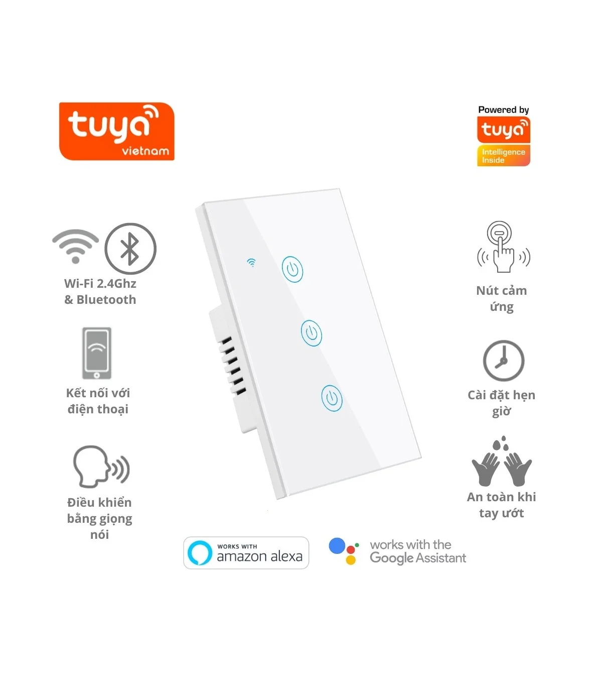 Công Tắc Cảm Ứng Wifi Tuya Smart life 3 Nút -3000W | ⓿❾❼❼❹❼❽❹❻❻ | METAKING