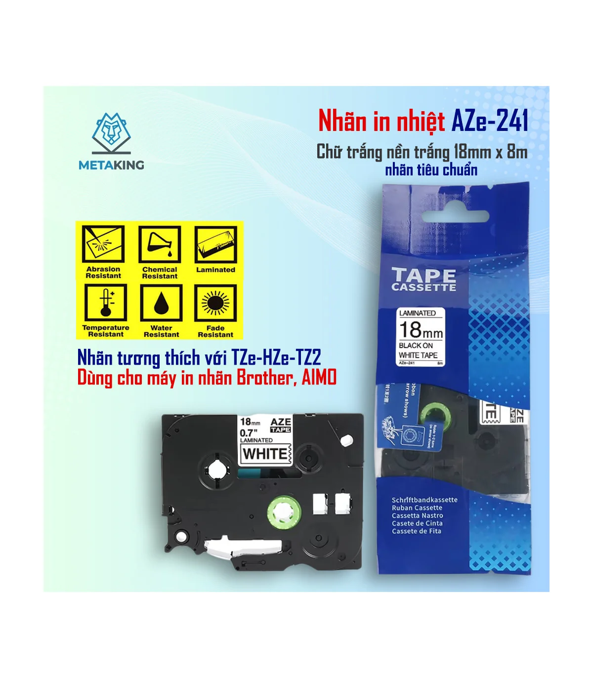 Nhãn In AZe-241 [18mm X 8m, Chữ đen trên nền trắng] | ⓿❾❼❼❹❼❽❹❻❻ | METAKING