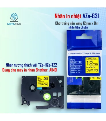 Nhãn In AZe-631 [12mm X 8m, Chữ đen trên nền vàng] | ⓿❾❼❼❹❼❽❹❻❻ | METAKING