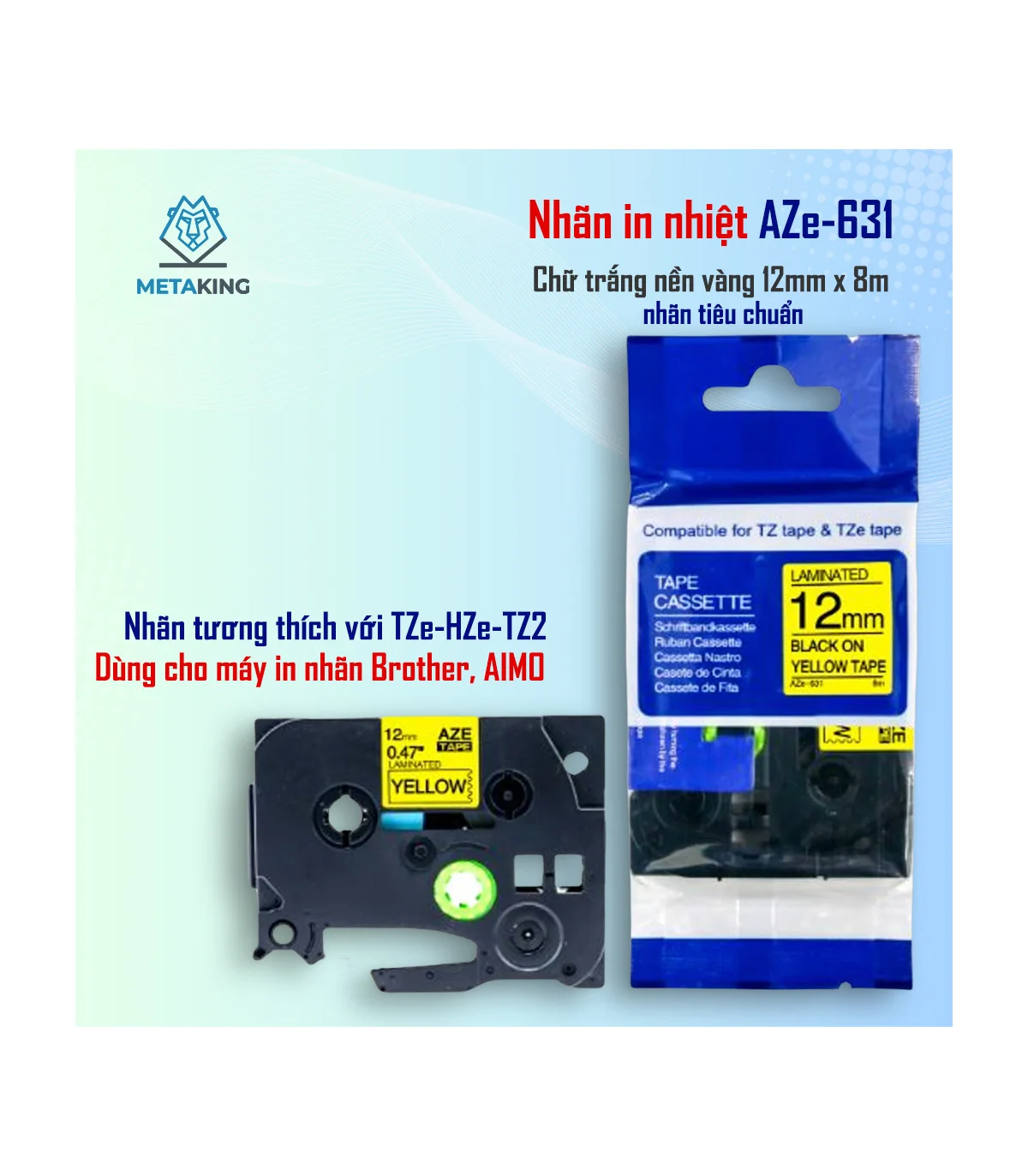 Nhãn In AZe-631 [12mm X 8m, Chữ đen trên nền vàng] | ⓿❾❼❼❹❼❽❹❻❻ | METAKING