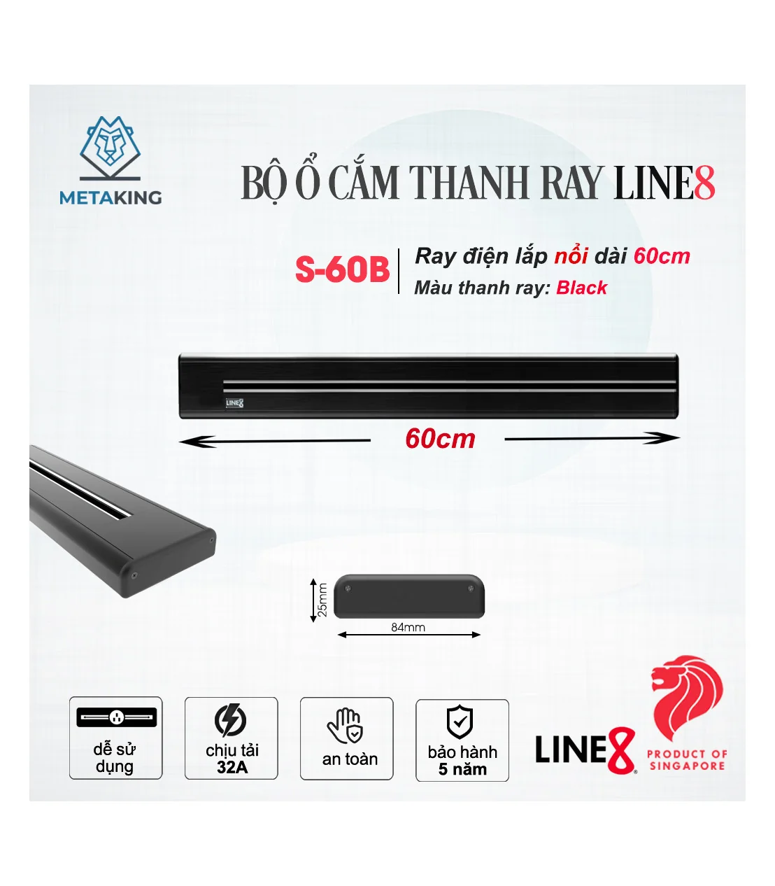 COMBO [Ray Điện Line8 Lắp Nổi Dài 60CM + 2 Ổ Cắm MLT-1] | ⓿ | METAKING