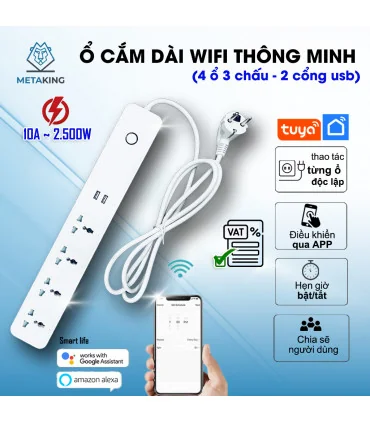 Ổ Cắm Dài Thông Minh Wifi TUYA 4 Ổ 3 Chấu & 2 cổng USB, điều khiển độc lập app Tuya Smart Life, Hẹn giờ Bật Tắt | ⓿❾❼❼❹❼❽❹❻❻ | METAKING
