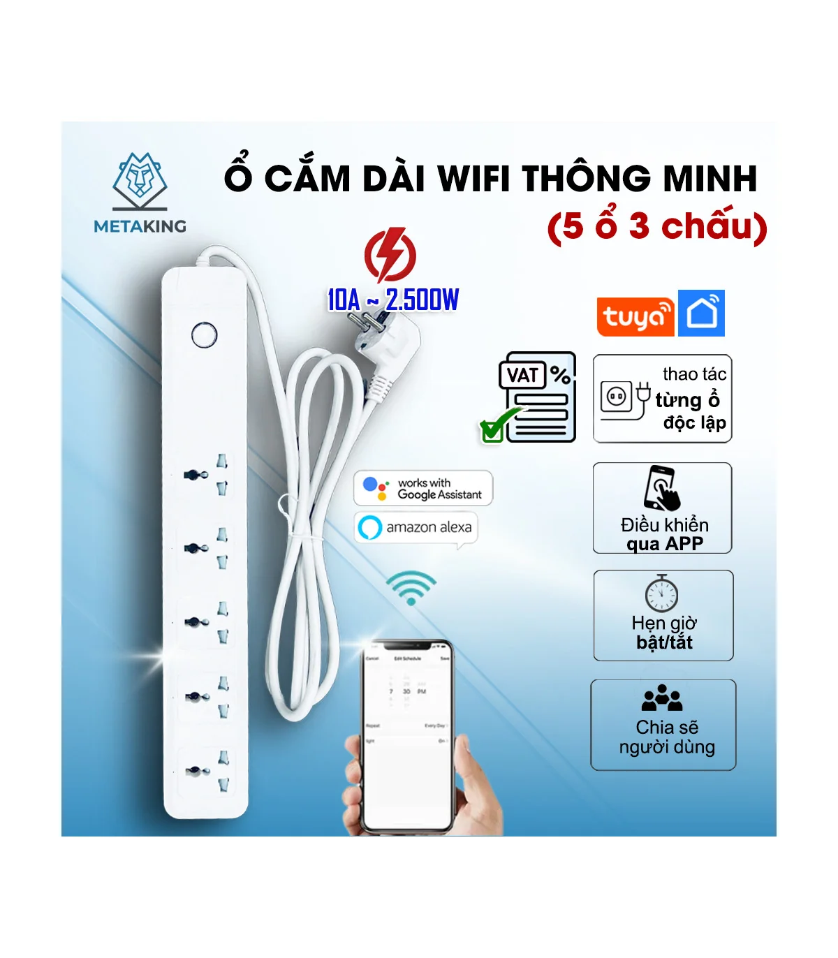 Ổ Cắm Dài Thông Minh Wifi TUYA 5 Ổ 3 Chấu, điều khiển độc lập app Tuya Smart Life, Hẹn giờ Bật Tắt | ⓿❾❼❼❹❼❽❹❻❻ | METAKING