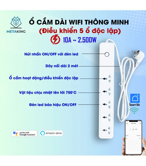 Ổ Cắm Dài Thông Minh Wifi TUYA 5 Ổ 3 Chấu, điều khiển độc lập app Tuya Smart Life, Hẹn giờ Bật Tắt | ⓿❾❼❼❹❼❽❹❻❻ | METAKING