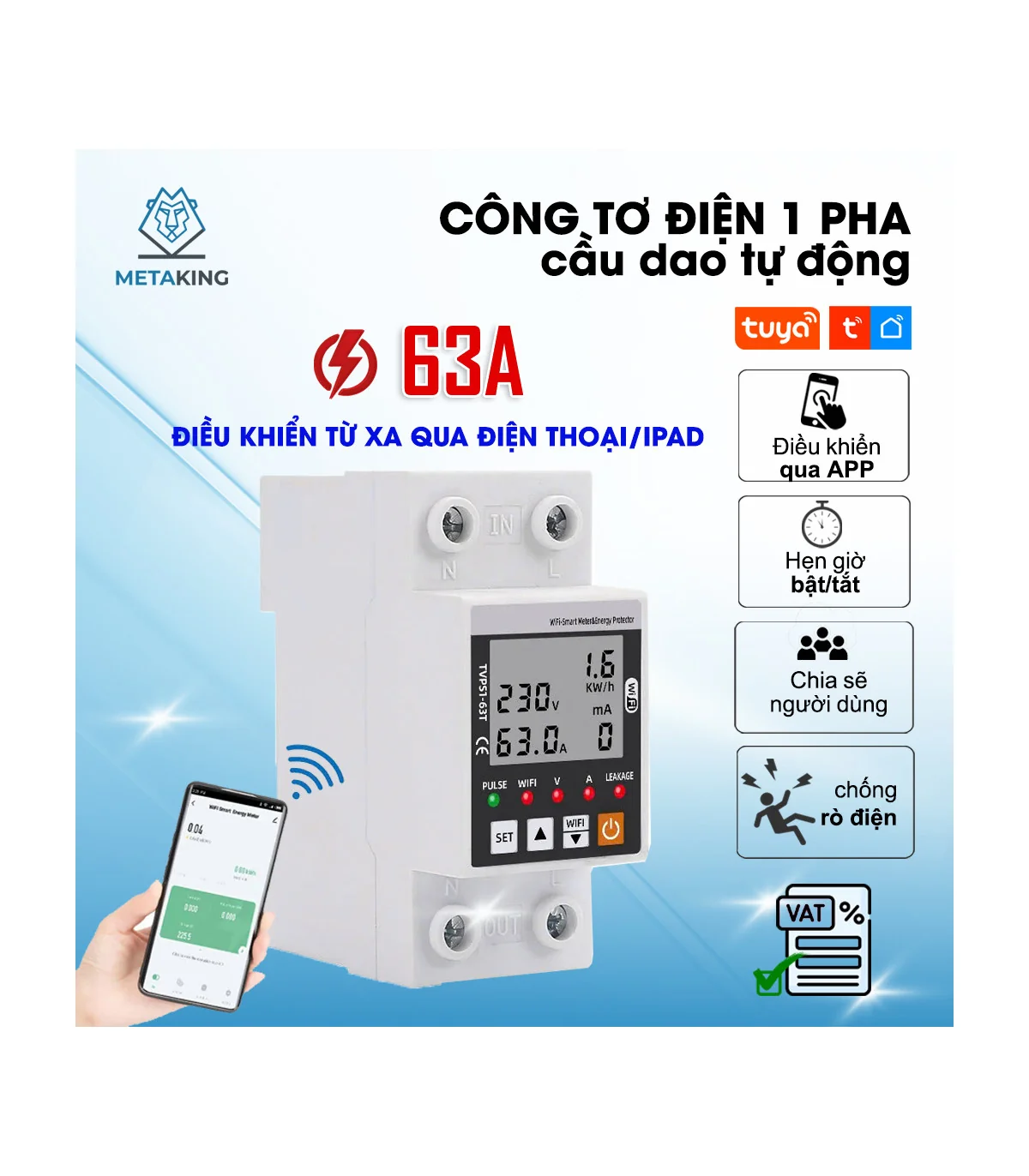 Công Tơ Điện Tử Thông Minh Wifi [ TUYA ], Chóng Rò Rỉ Điện, Đồng Hồ Đo Điện 63A, Điều Khiển Từ Xa | ⓿❾❼❼❹❼❽❹❻❻ | METAKING