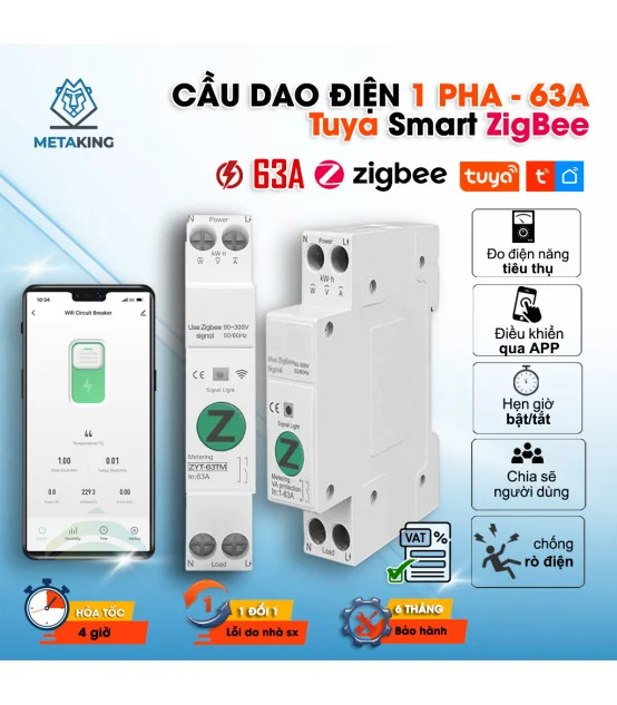 Aptomat thông minh Tuya Zigbee, CB Tuya 63A có đo điện | ⓿❾❼❼❹❼❽❹❻❻ | METAKING