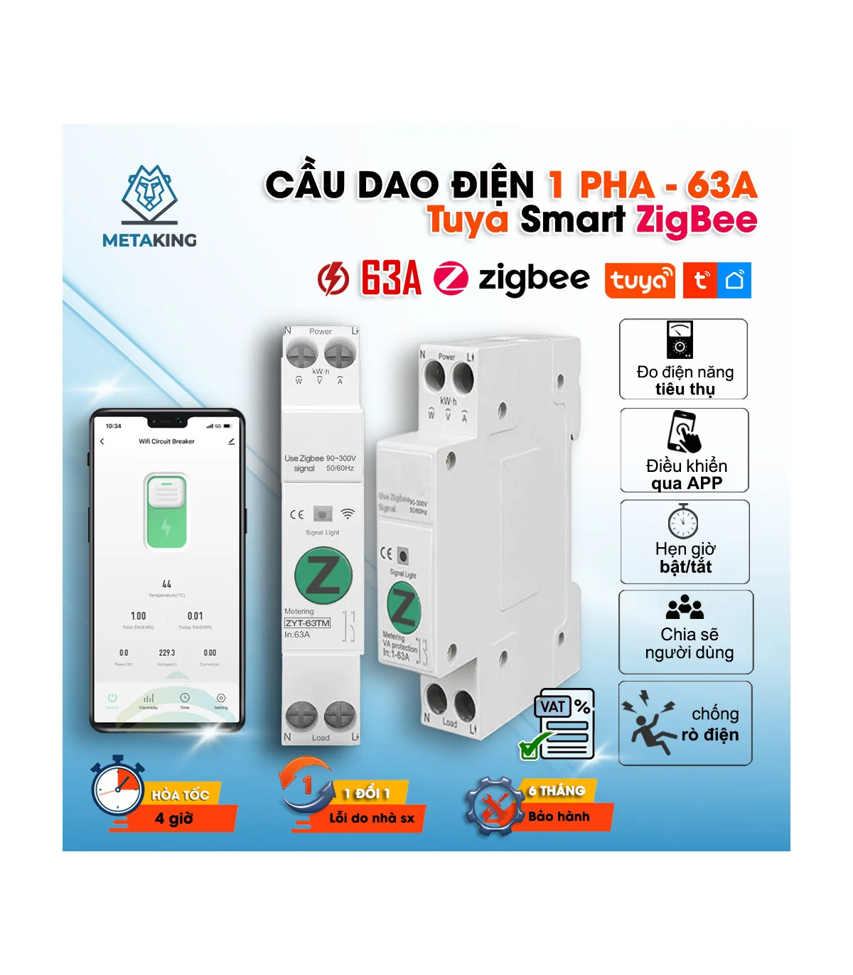 Aptomat thông minh Tuya Zigbee, CB Tuya 63A có đo điện | ⓿❾❼❼❹❼❽❹❻❻ | METAKING
