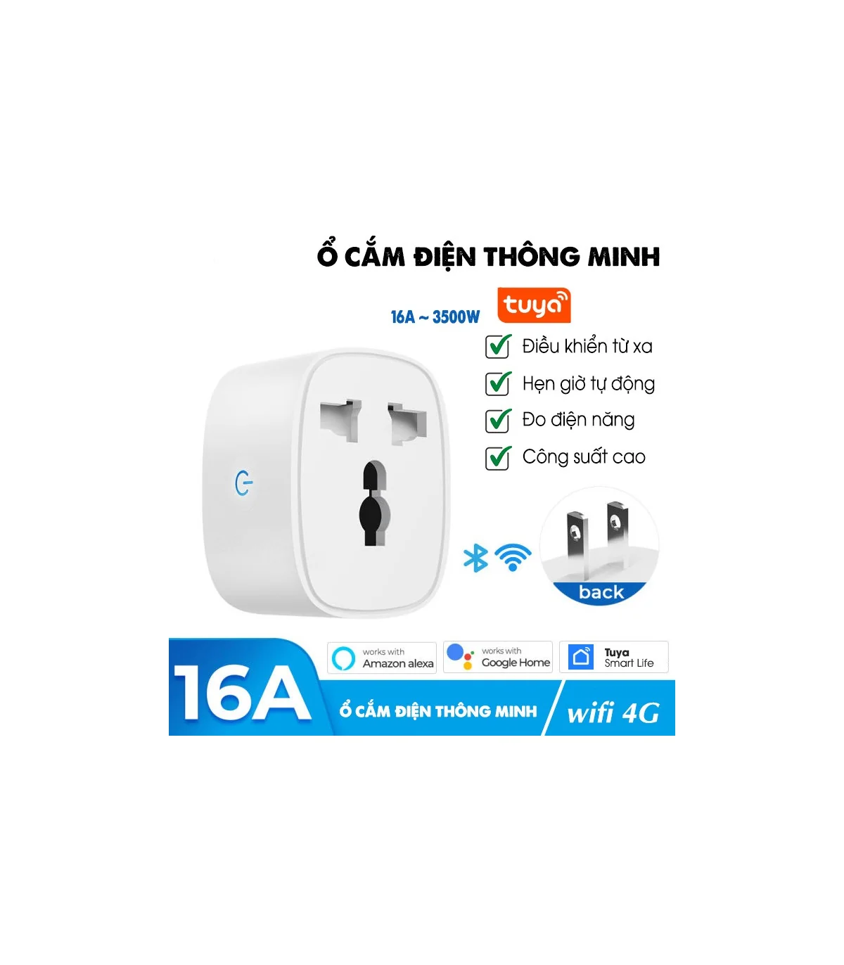 Ổ Cắm Điện Wifi 16A Tuya Thông Minh 2500W, Điều Khiển Từ Xa Qua App | ⓿❾❼❼❹❼❽❹❻❻ | METAKING