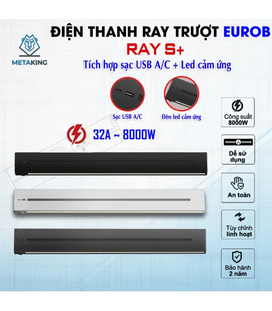 Thanh ray điện Eurob Slim-S + (USB-C & Đèn LED)| Lắp Nổi I BH 2 Năm | ⓿❾❼❼❹❼❽❹❻❻ | METAKING