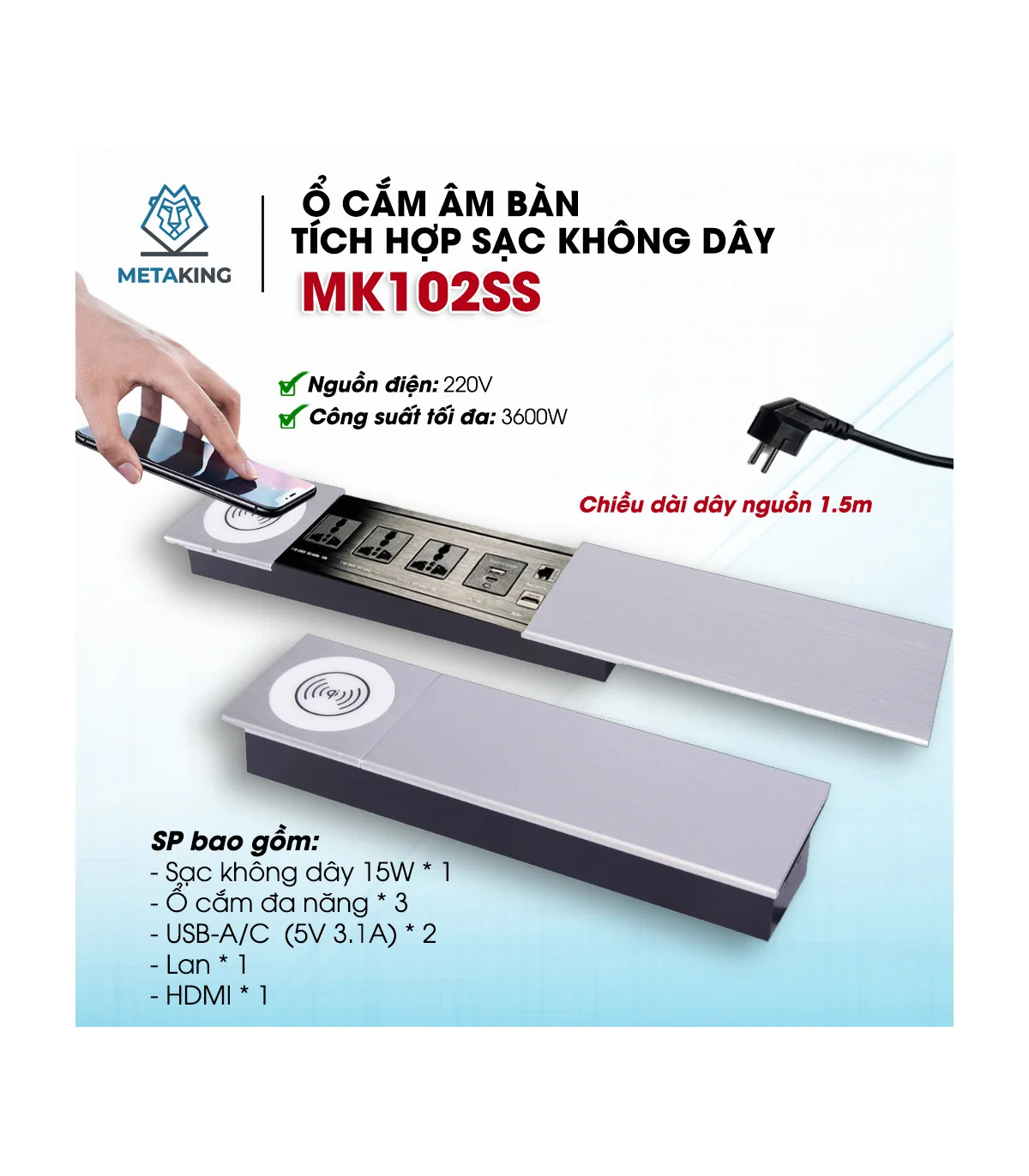 Ổ cắm điện âm bàn cao cấp MK102SS - Sạc ko dây 15W, 3 ổ cắm, 2 cổng sạc USC A/C, 1 Lan & 1 HDMI | ⓿❾❼❼❹❼❽❹❻❻ | METAKING