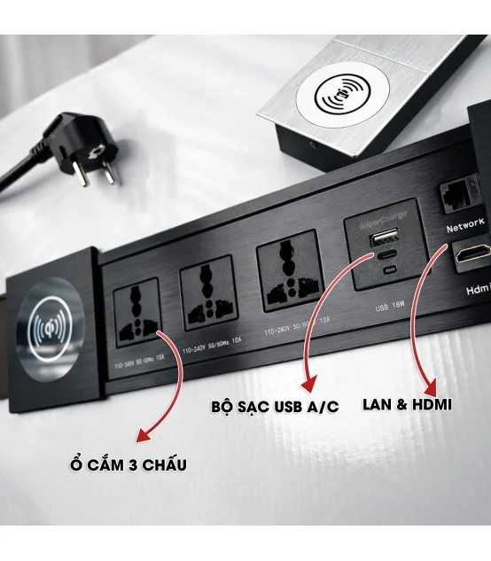 Ổ cắm điện âm bàn cao cấp MK102SS - Sạc ko dây 15W, 3 ổ cắm, 2 cổng sạc USC A/C, 1 Lan & 1 HDMI | ⓿❾❼❼❹❼❽❹❻❻ | METAKING