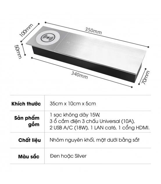 Ổ cắm điện âm bàn cao cấp MK102SS - Sạc ko dây 15W, 3 ổ cắm, 2 cổng sạc USC A/C, 1 Lan & 1 HDMI | ⓿❾❼❼❹❼❽❹❻❻ | METAKING