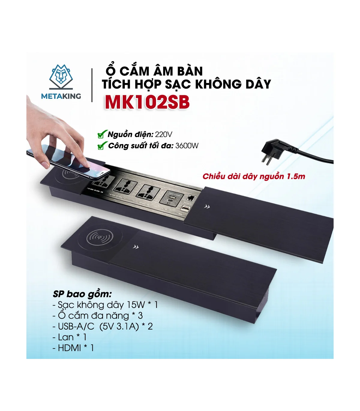 Ổ cắm điện âm bàn cao cấp MK102SB - Sạc ko dây 15W, 3 ổ cắm, 2 cổng sạc USC A/C, 1 Lan & 1 HDMI | ⓿❾❼❼❹❼❽❹❻❻ | METAKING