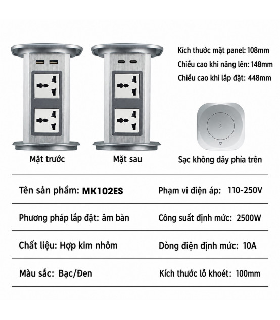 MK102ES Ổ Cắm Điện Âm Bàn Tích Hợp Sạc Không Dây 15W  - 04 Cổng Cắm - 02 USB A/C | ⓿❾❼❼❹❼❽❹❻❻ | METAKING