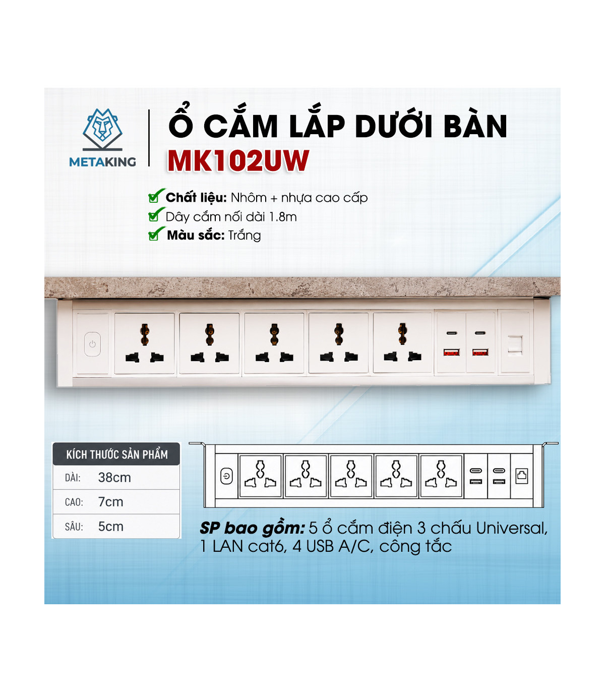 Ổ Cắm Điện Lắp Dưới Bàn (hoặc trên tường) Cao Cấp MK102UW | ⓿❾❼❼❹❼❽❹❻❻ | METAKING