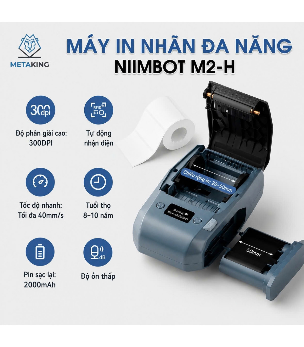 NIIMBOT M2-H - Máy in nhãn truyền nhiệt Bluetooth/USB | ⓿❾❼❼❹❼❽❹❻❻ | METAKING